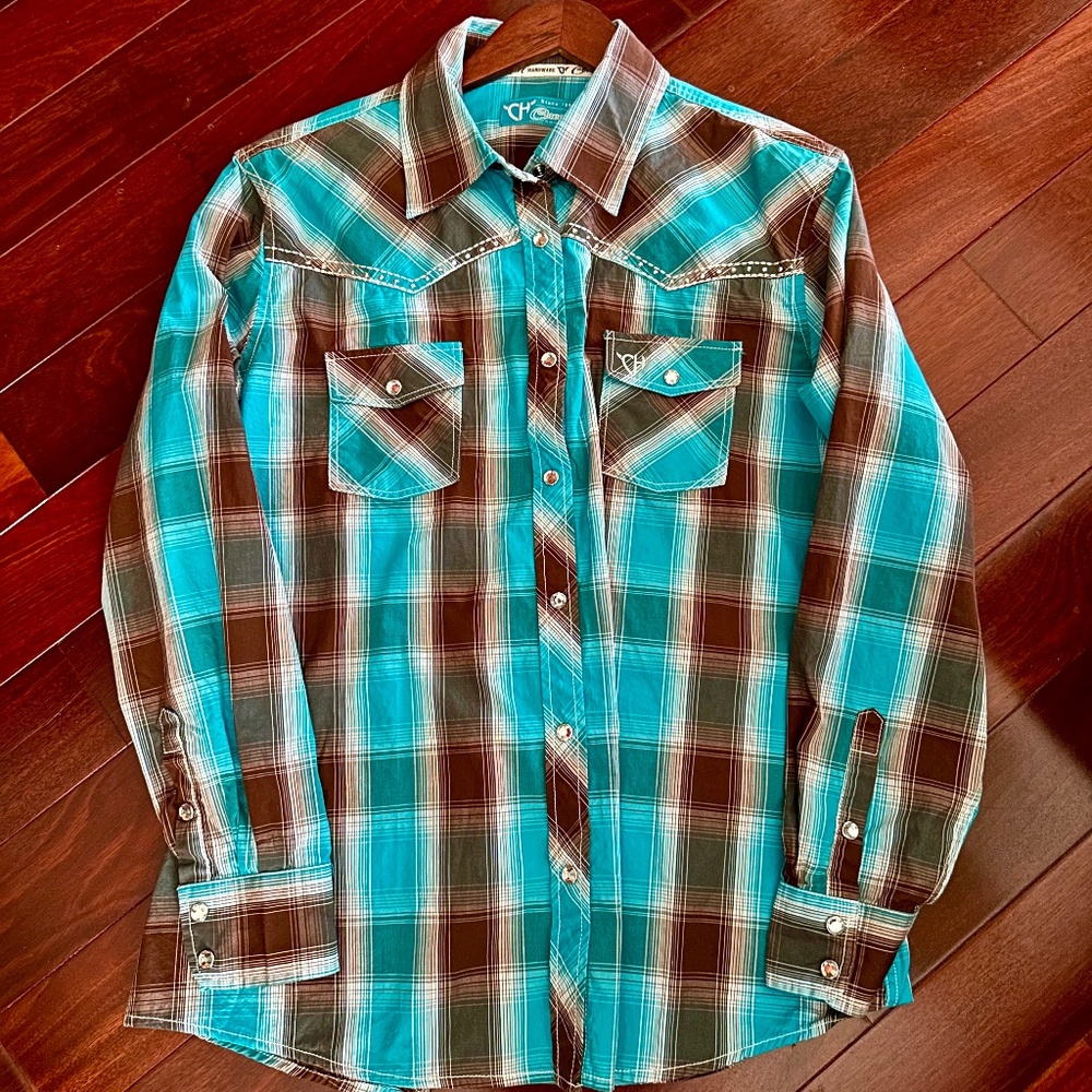 Cowgirl Hardware Western Rhinestone  Teal Brown Long Sleeve Shirt Women’s L NWOT
